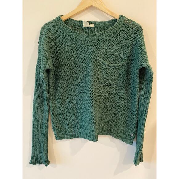 Roxy Women’s M Textured Knit Sweater Green Cotton Crewneck Pocket Detail - Picture 1 of 10